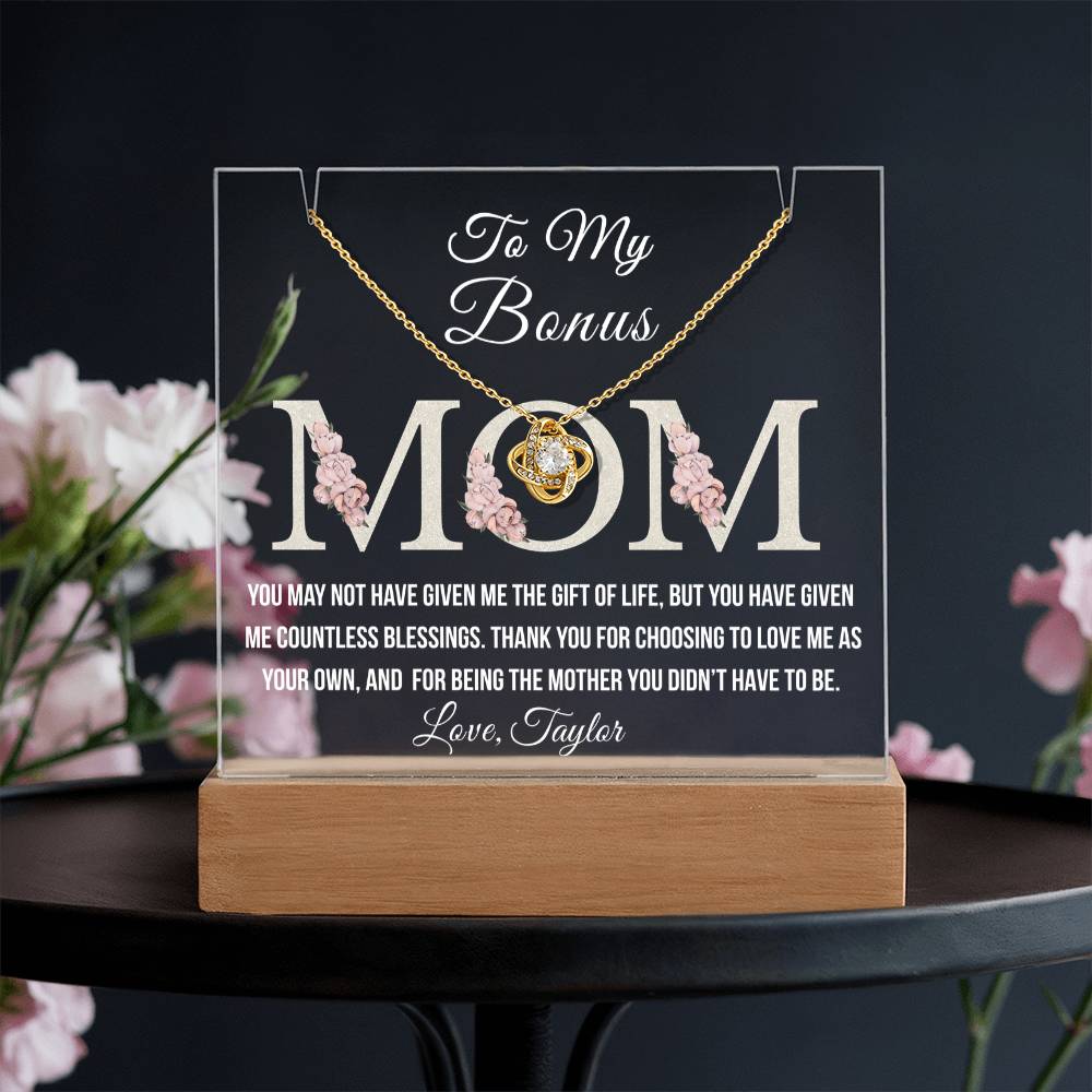 Bonus Mom Acrylic Plaque with Necklace – Heartfelt Stepmom Gift from Stepdaughter or Stepson – Thank You for Loving Me as Your Own