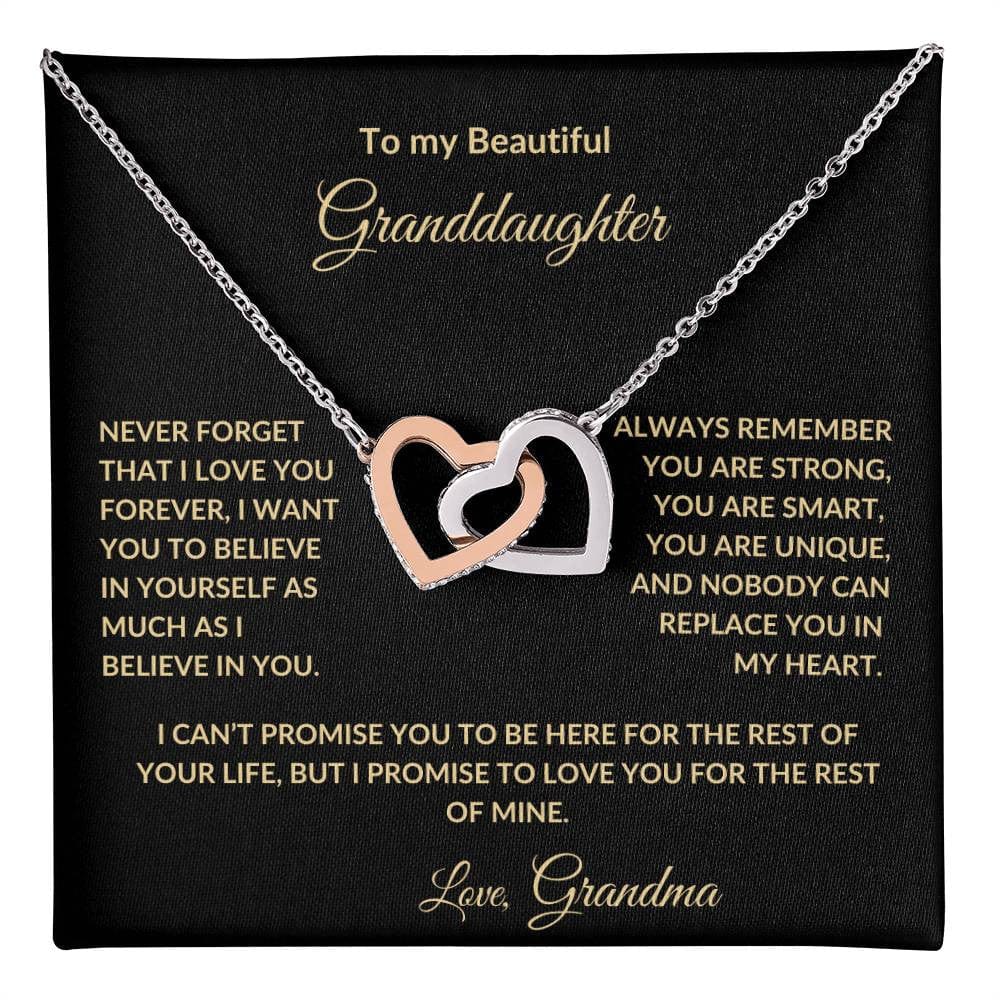 To my Beautiful Granddaughter, Interlocking Hearts Necklace with personalized Message (Yellow & White Gold Variants)
