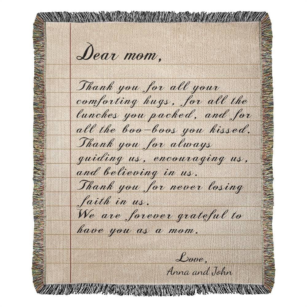 Personalized Note to Mom, Heirloom Woven Blanket, Mother's Day Gift, Birthday Gift.