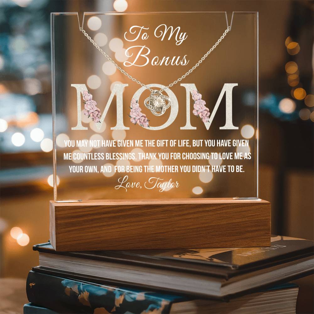 Bonus Mom Acrylic Plaque with Necklace – Heartfelt Stepmom Gift from Stepdaughter or Stepson – Thank You for Loving Me as Your Own