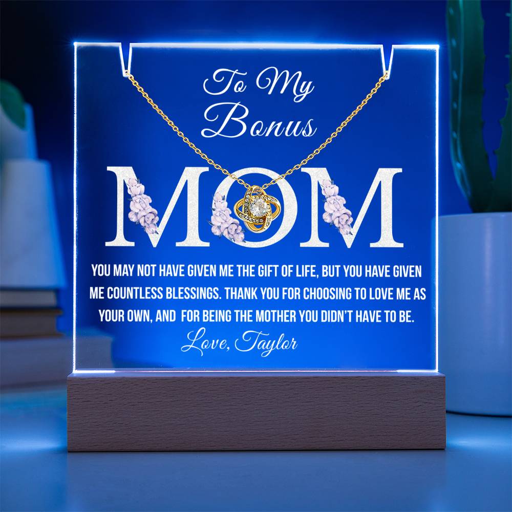 Bonus Mom Acrylic Plaque with Necklace – Heartfelt Stepmom Gift from Stepdaughter or Stepson – Thank You for Loving Me as Your Own