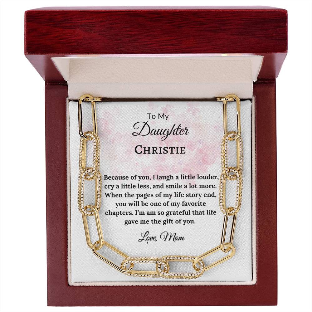 To my Daughter, Because of You, CZ Paperclip Chain with Personalized Message Card