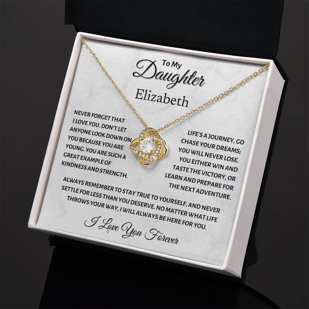 To my Daughter, Chase your Dreams, Love Knot Necklace (Yellow & White Gold Variants)