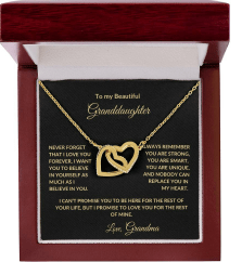 To my Beautiful Granddaughter, Interlocking Hearts Necklace with personalized Message (Yellow & White Gold Variants)