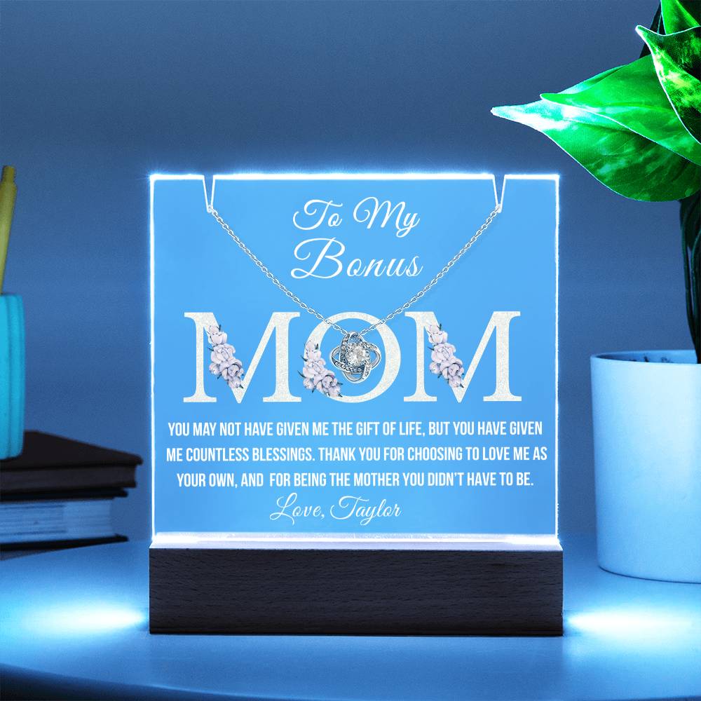 Bonus Mom Acrylic Plaque with Necklace – Heartfelt Stepmom Gift from Stepdaughter or Stepson – Thank You for Loving Me as Your Own