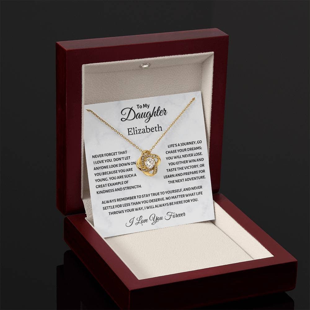 To my Daughter, Chase your Dreams, Love Knot Necklace (Yellow & White Gold Variants)