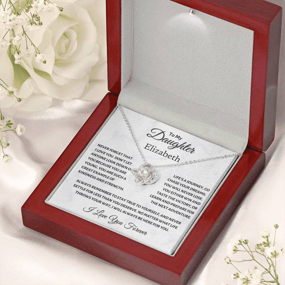 To my Daughter, Chase your Dreams, Love Knot Necklace (Yellow & White Gold Variants)