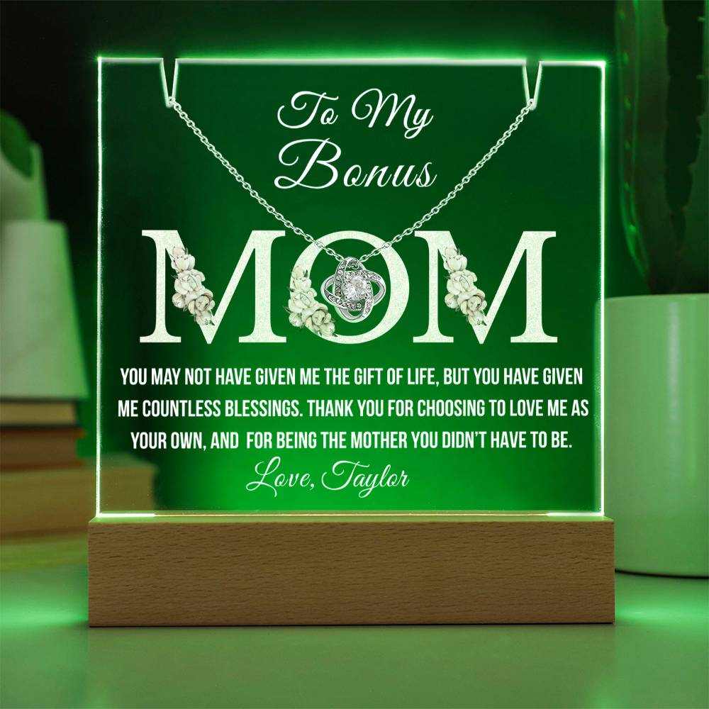 Bonus Mom Acrylic Plaque with Necklace – Heartfelt Stepmom Gift from Stepdaughter or Stepson – Thank You for Loving Me as Your Own
