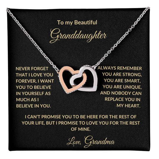 To my Beautiful Granddaughter, Interlocking Hearts Necklace  with personalized Message (Yellow & White Gold Variants)