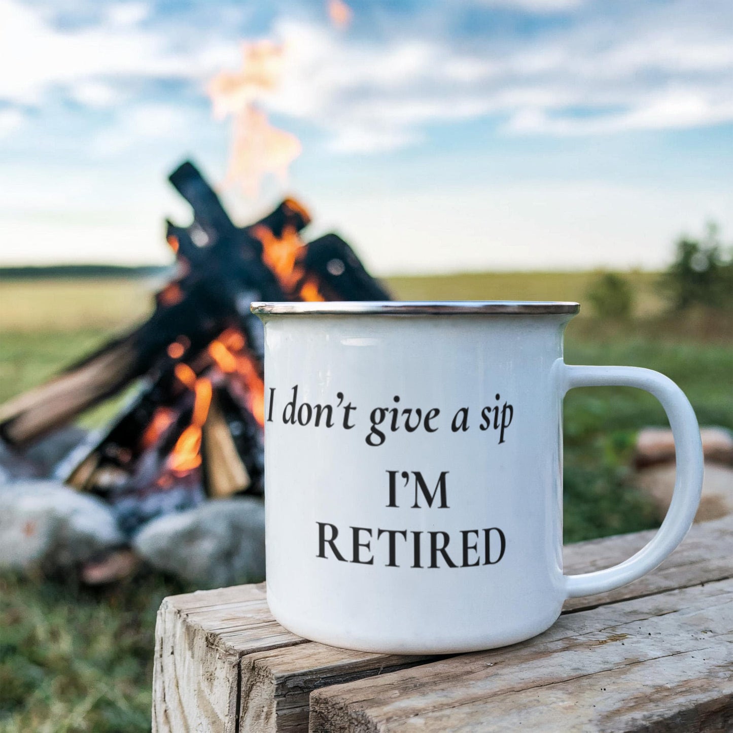 I Don’t Give a Sip I’m Retired Camping Mug | Funny Retirement Gift | Retired Gift for Men or Women | Enamel Camp Mug | Coffee Mug