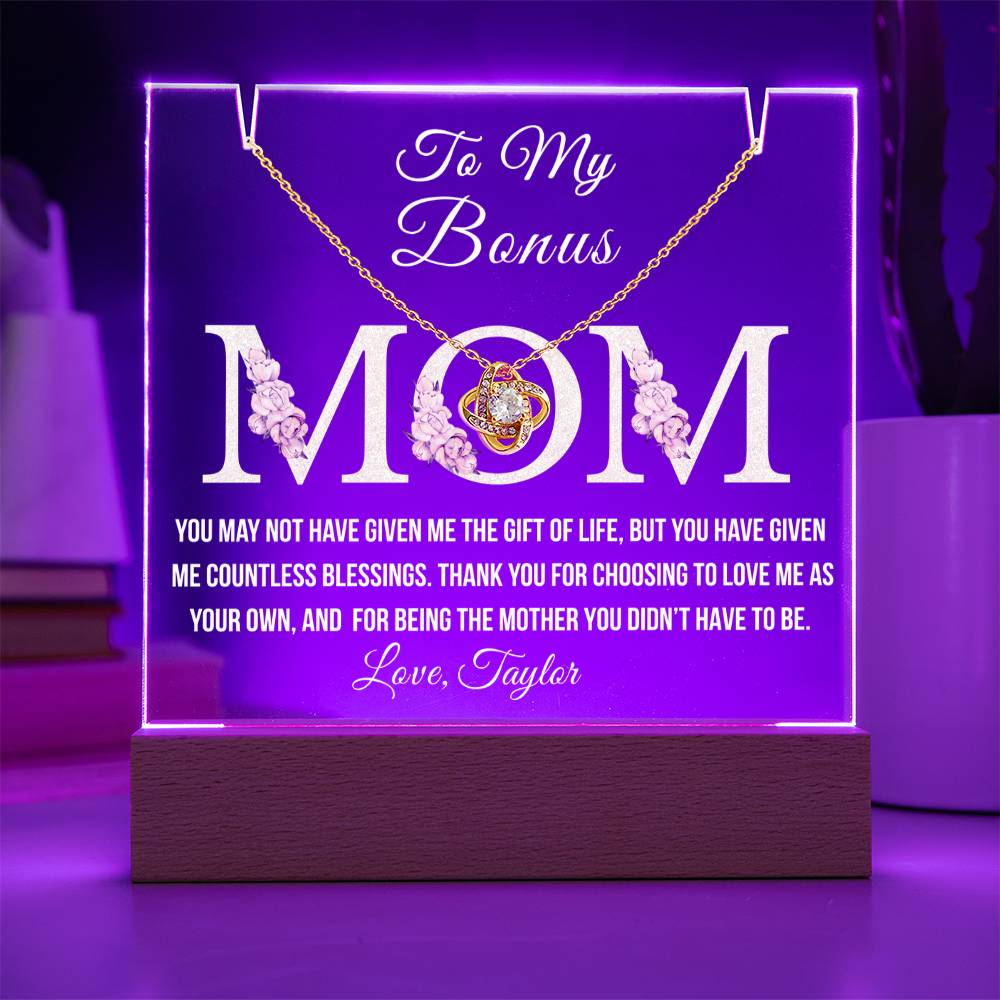 Bonus Mom Acrylic Plaque with Necklace – Heartfelt Stepmom Gift from Stepdaughter or Stepson – Thank You for Loving Me as Your Own