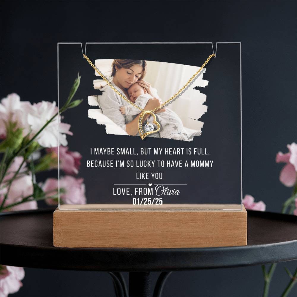 Personalized Keepsake Acrylic Nightlight with Heart Necklace Set, Mother's day Gift