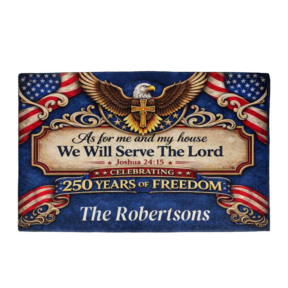 Patriotic Christian Welcome Mat, 250 Years of Freedom Doormat, As For Me And My House We Will Serve The Lord, Farmhouse Entry Rug, USA Decor