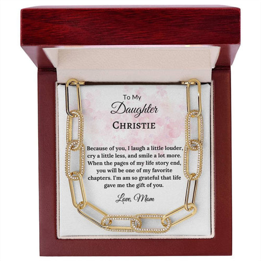 To my Daughter, Because of You, CZ Paperclip Chain with Personalized Message Card