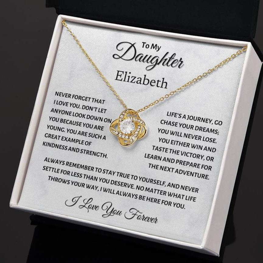 To my Daughter, Chase your Dreams, Love Knot Necklace (Yellow & White Gold Variants)