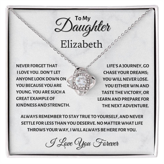 To my Daughter, Chase your Dreams, Love Knot Necklace (Yellow & White Gold Variants)