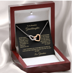 To my Beautiful Granddaughter, Interlocking Hearts Necklace  with personalized Message (Yellow & White Gold Variants)