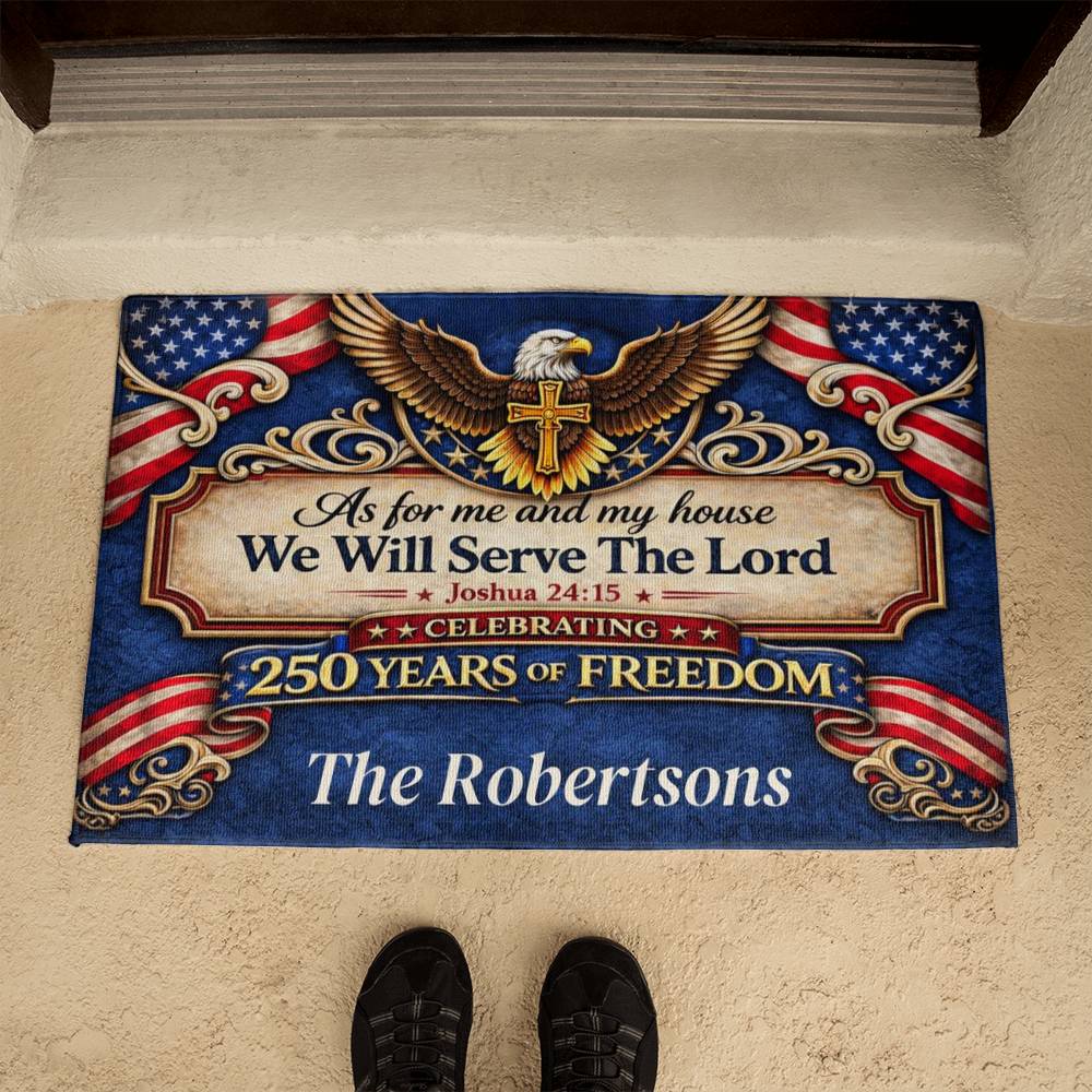 Patriotic Christian Welcome Mat, 250 Years of Freedom Doormat, As For Me And My House We Will Serve The Lord, Farmhouse Entry Rug, USA Decor