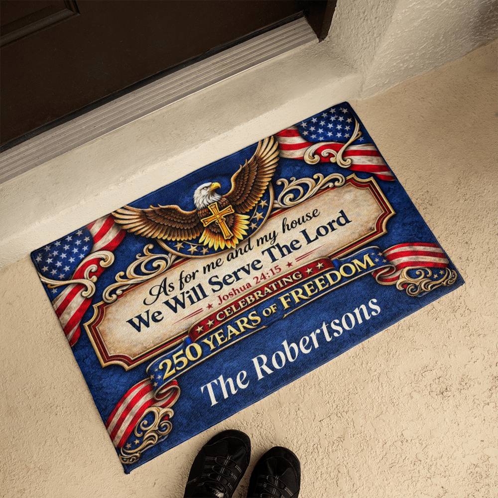 Patriotic Christian Welcome Mat, 250 Years of Freedom Doormat, As For Me And My House We Will Serve The Lord, Farmhouse Entry Rug, USA Decor