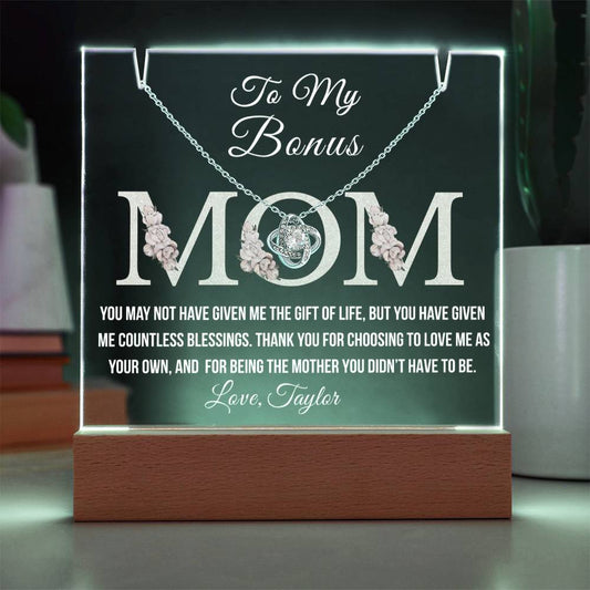 Bonus Mom Acrylic Plaque with Necklace – Heartfelt Stepmom Gift from Stepdaughter or Stepson – Thank You for Loving Me as Your Own