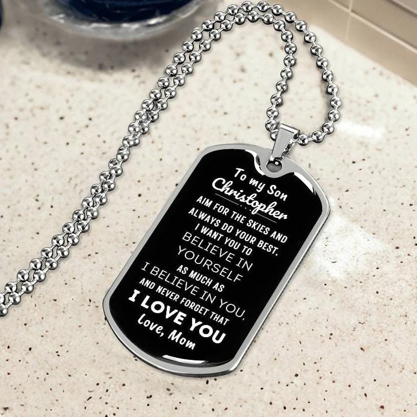 This personalized military dog tag is the perfect gift for your son. He will treasure it as a unique piece that carries his name and your words of encouragement.