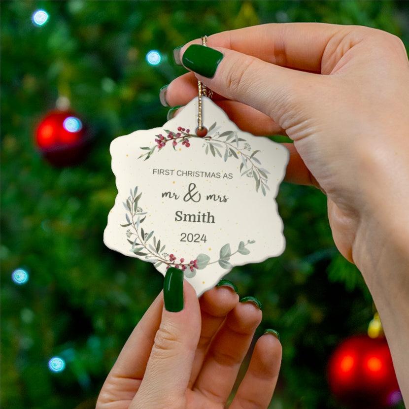 First Christmas as Mr. & Mrs. Ceramic Ornament, 2 Shapes