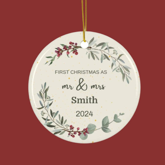 First Christmas as Mr. & Mrs. Ceramic Ornament, 2 Shapes