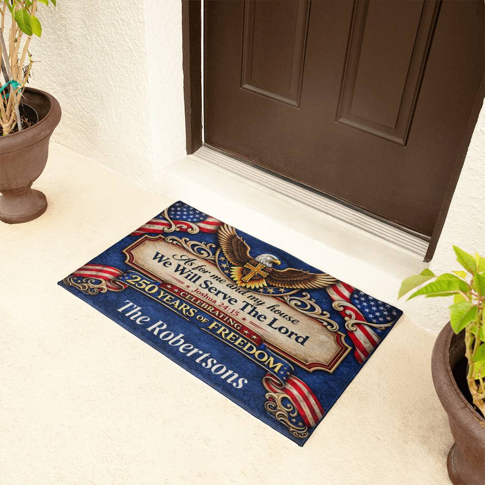 Patriotic Christian Welcome Mat, 250 Years of Freedom Doormat, As For Me And My House We Will Serve The Lord, Farmhouse Entry Rug, USA Decor